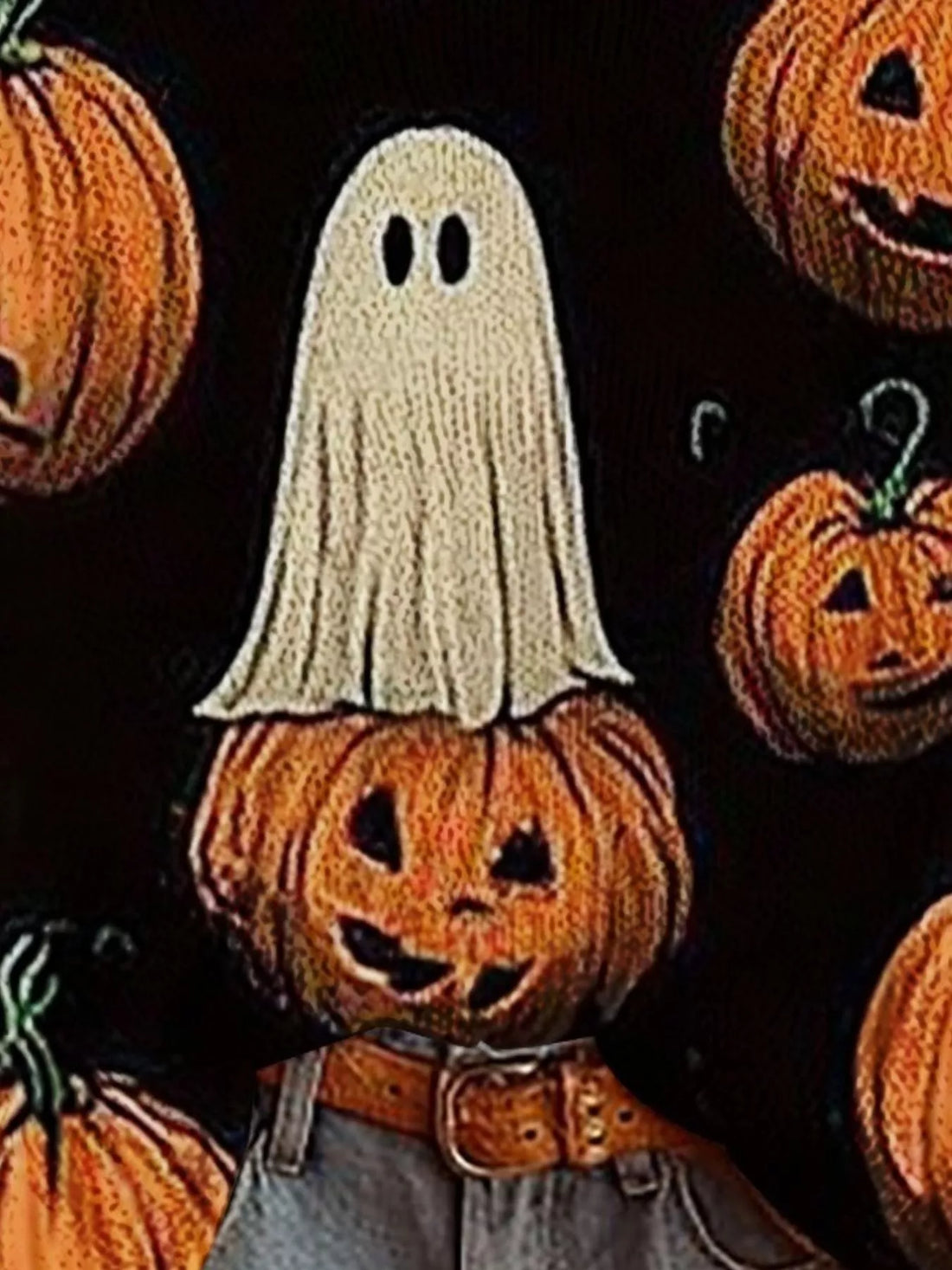 Plus-size black Halloween boat-neck sweater close-up of ghost and jack-o&