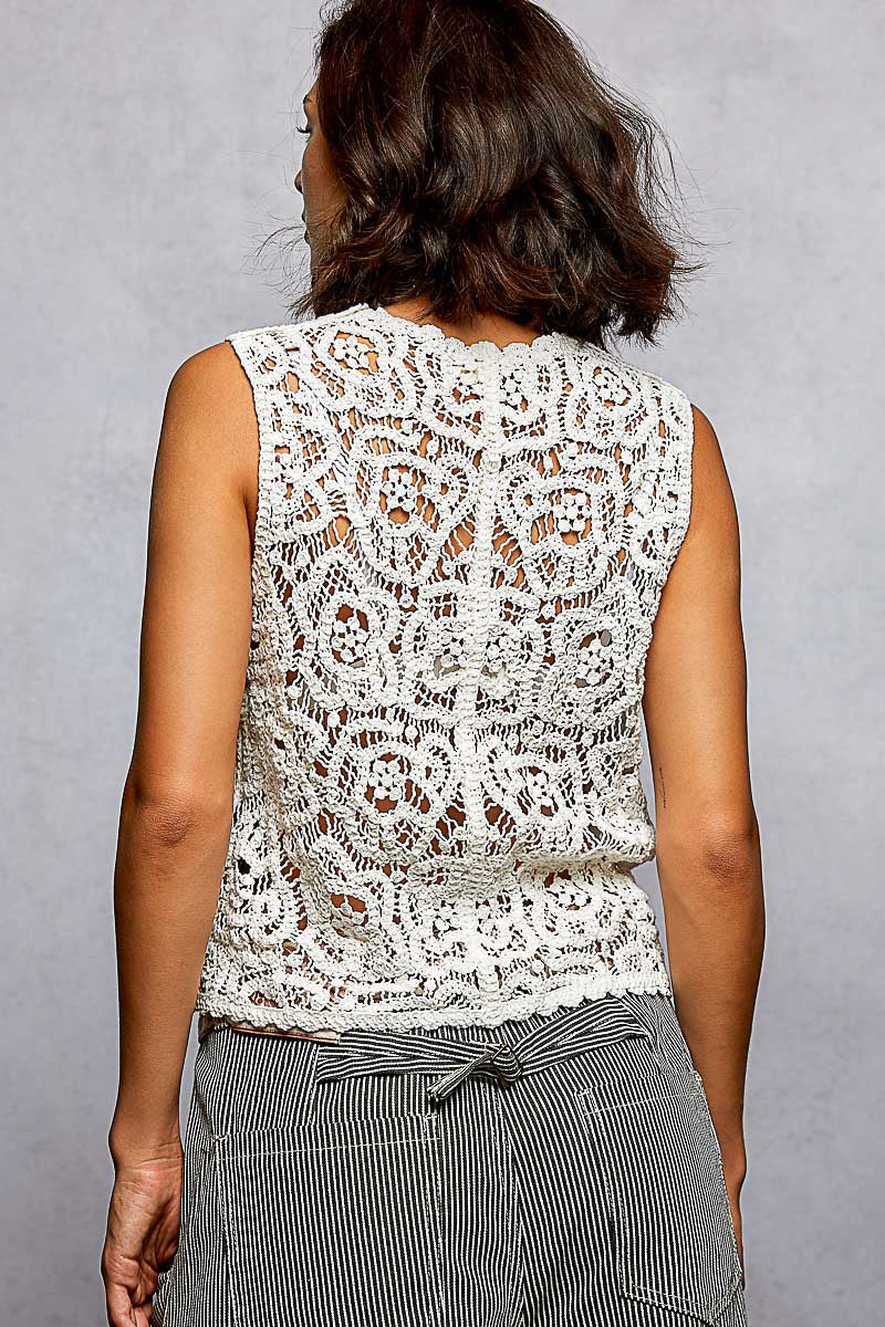 Off-white crocheted cropped vest with scalloped back yoke detail