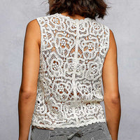 Off-white crocheted cropped vest with scalloped back yoke detail
