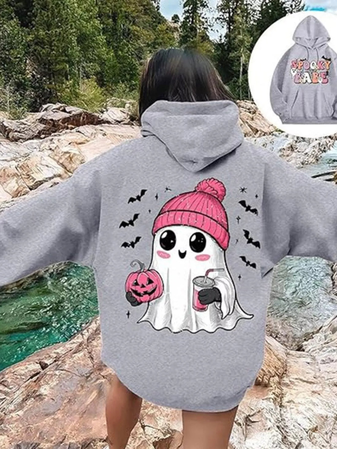 Plus-size Halloween graphic hoodie in light gray with Spooky Baby back design and hood