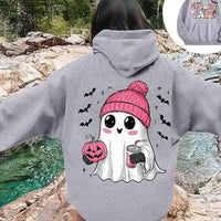 Plus-size Halloween graphic hoodie in light gray with Spooky Baby back design and hood