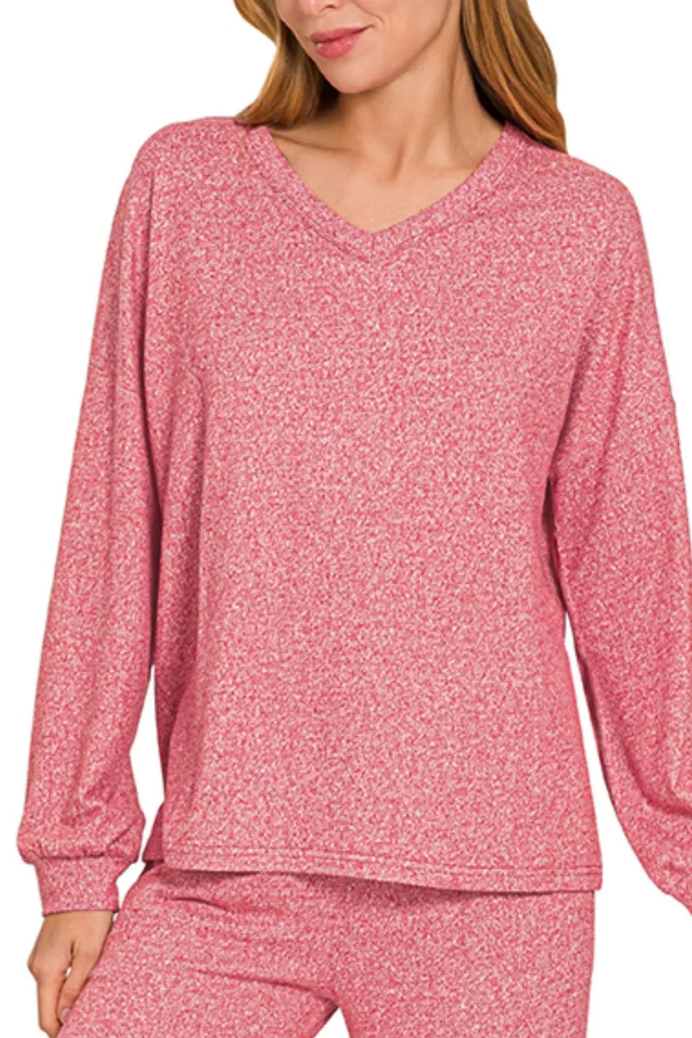 Women’s DK red melange long-sleeve V-neck tee with relaxed fit