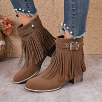 Dark brown suede fringe ankle boots with double-ring buckle and block heel