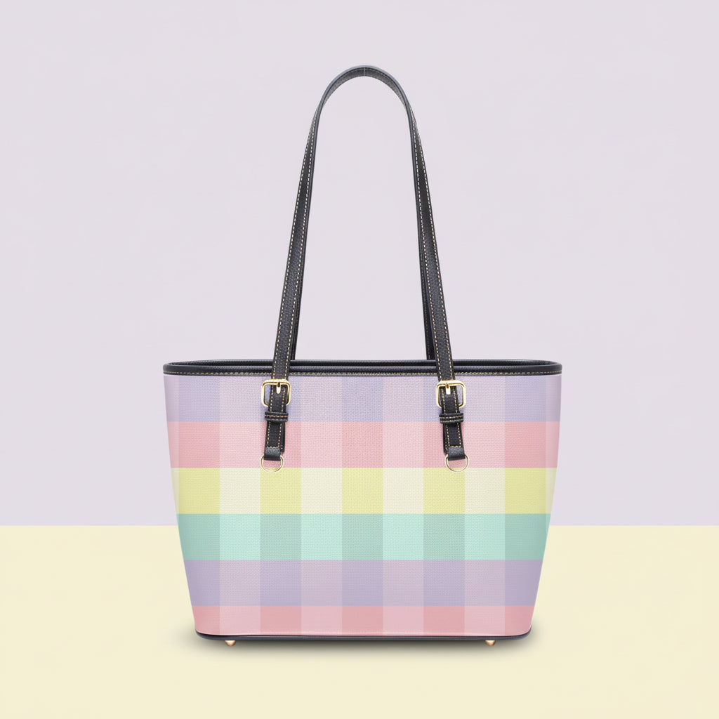 Checkered Tote Bag | Large Pastel Rainbow Twill Faux Leather Purse