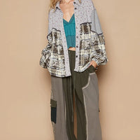 Women's full-length floral button-front shirt with balloon sleeves and plaid color-block hem