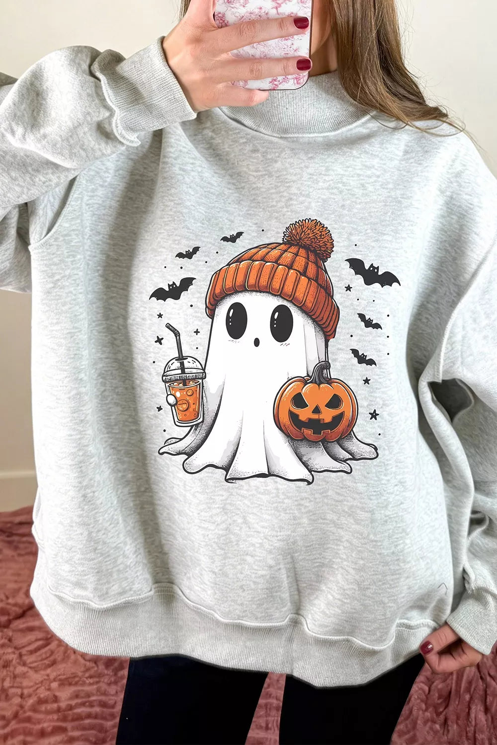 Reversible light gray mock neck tunic sweatshirt with ghost wearing orange jack-o-lantern hat