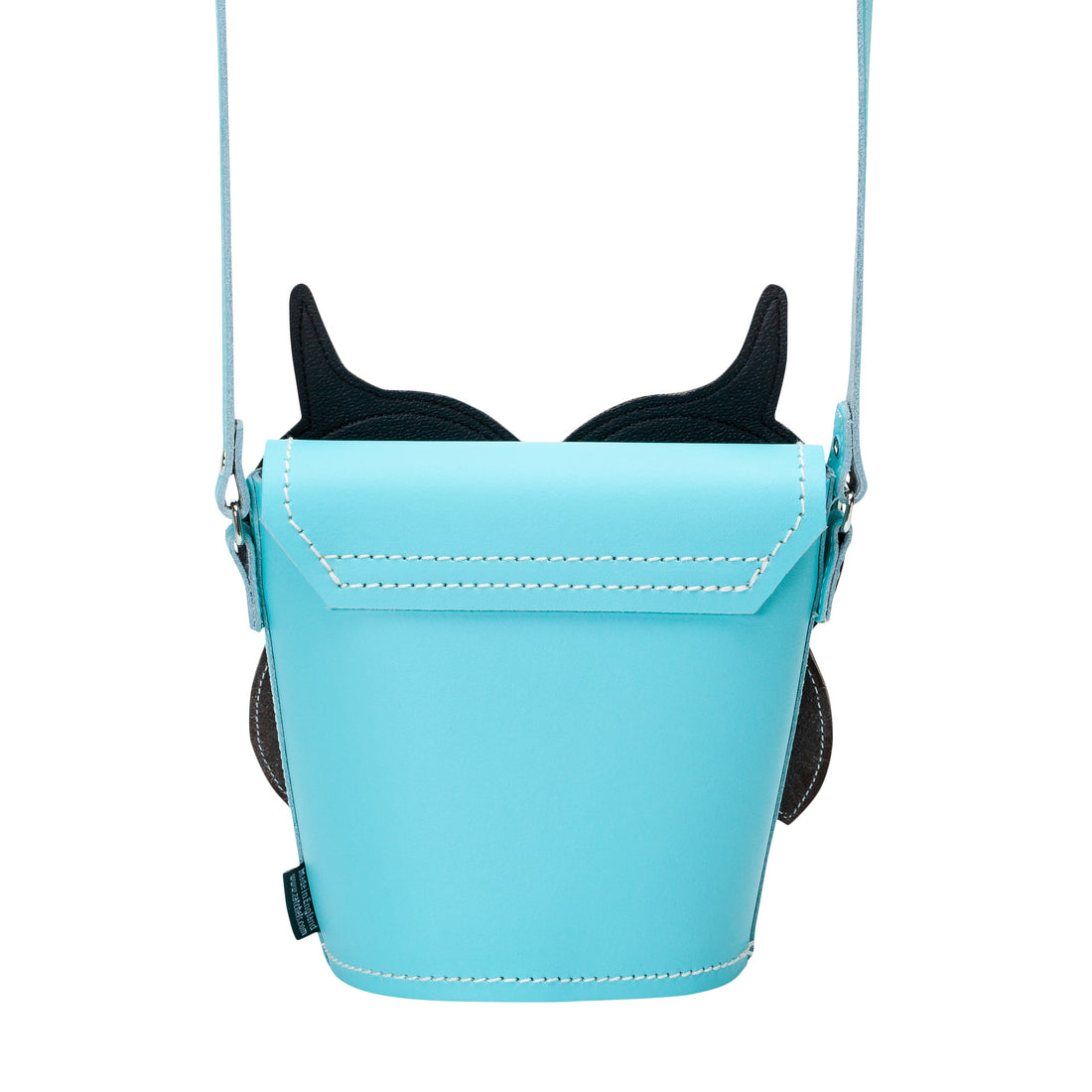 Leather owl crossbody bag with light blue body and owl face front, shoulder strap