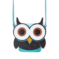 Handmade leather owl crossbody bag, black and white with orange eyes, light blue strap