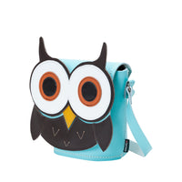 Leather owl crossbody bag in black and white with orange eyes, light blue body and strap