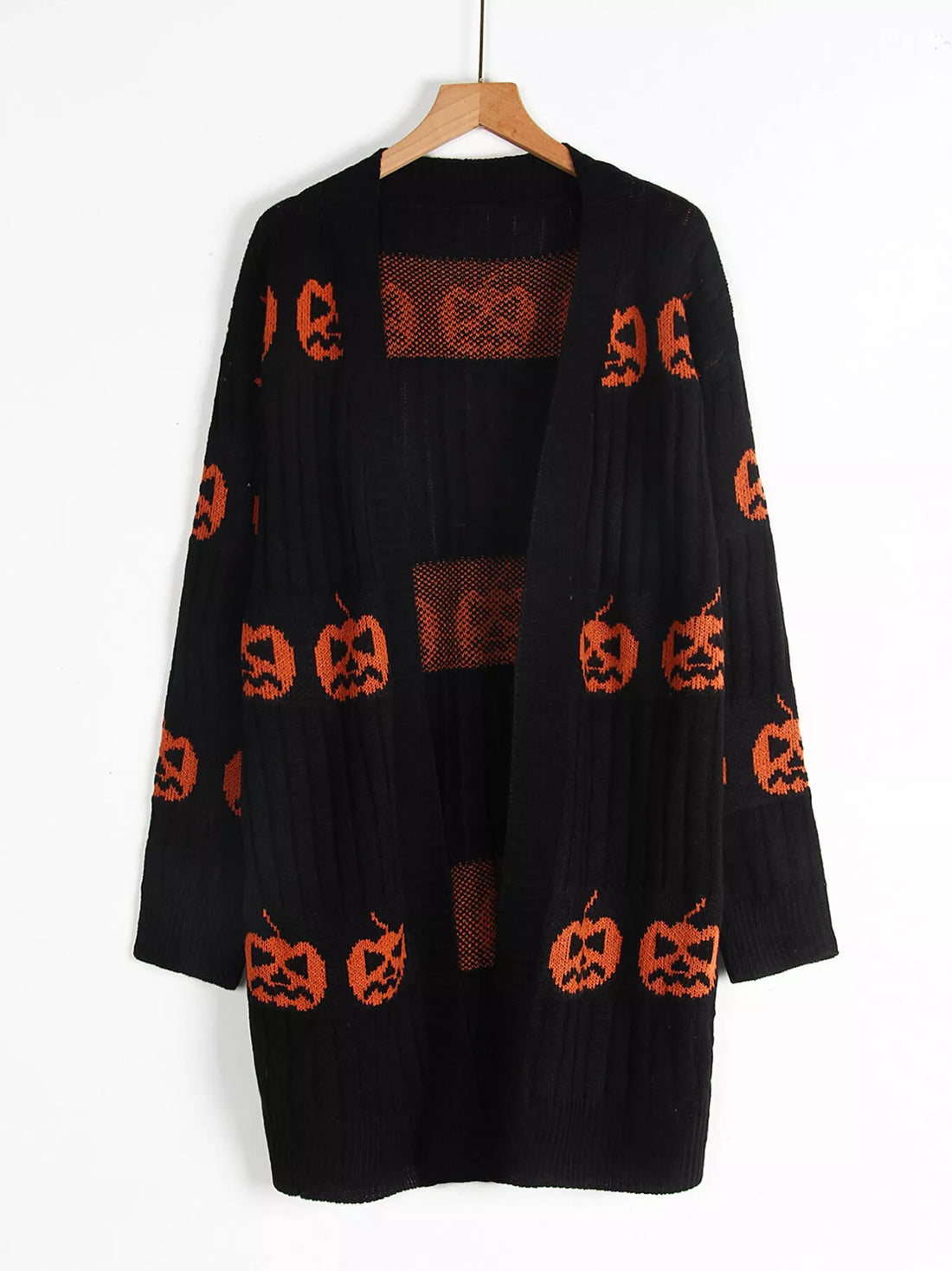 Black open-front knit cardigan with orange pumpkin jack-o&