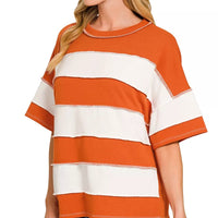 Burnt orange and white striped terry top with crew neck and short sleeves