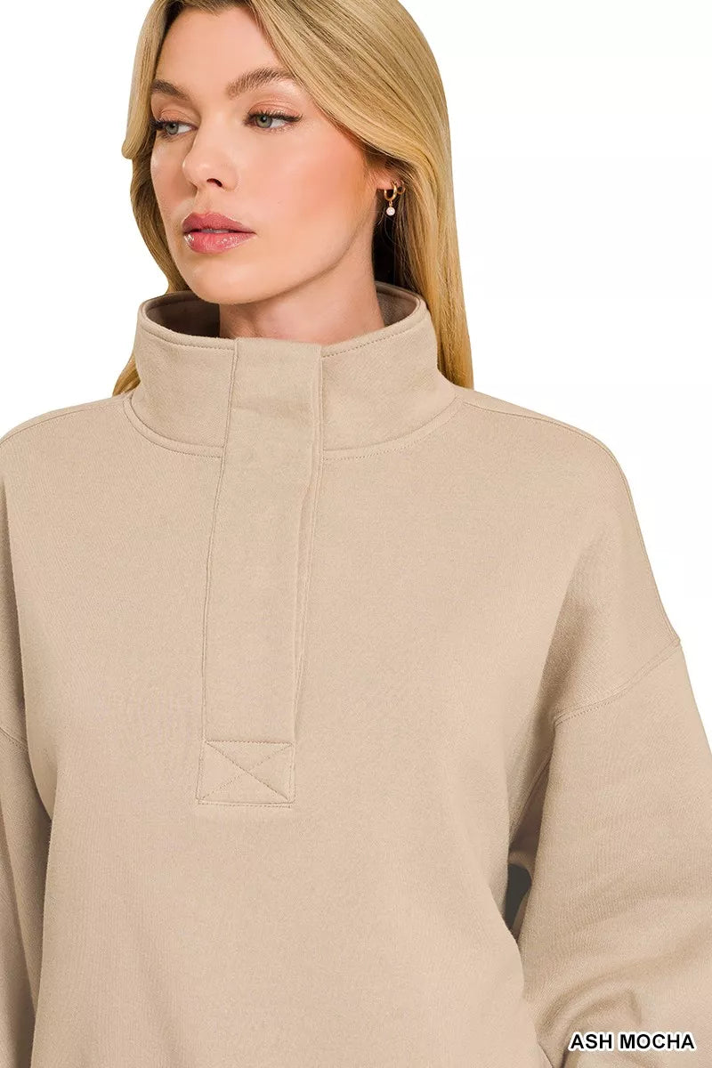 Fleece half-snap sweatshirt in ash mocha, close-up of mock neck and snap placket