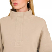 Fleece half-snap sweatshirt in ash mocha, close-up of mock neck and snap placket