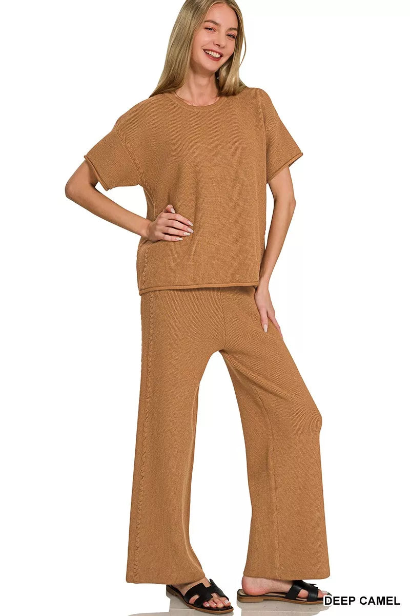 Deep camel viscose short-sleeve round-neck top with matching wide-leg pants