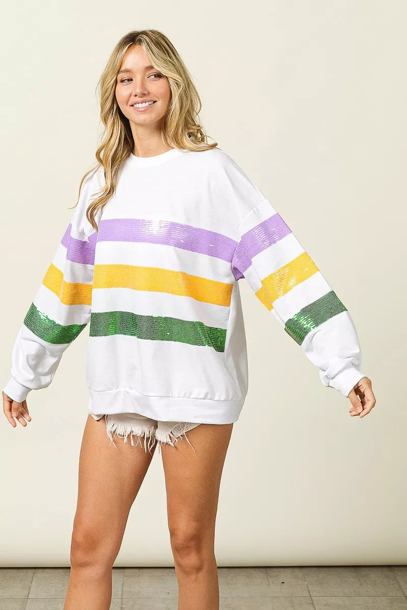 Off-white round-neck sweatshirt with wide sequined color stripes, relaxed fit