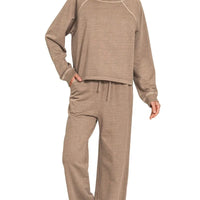 Mocha washed terry set: round-neck pullover with long sleeves and wide-leg pants