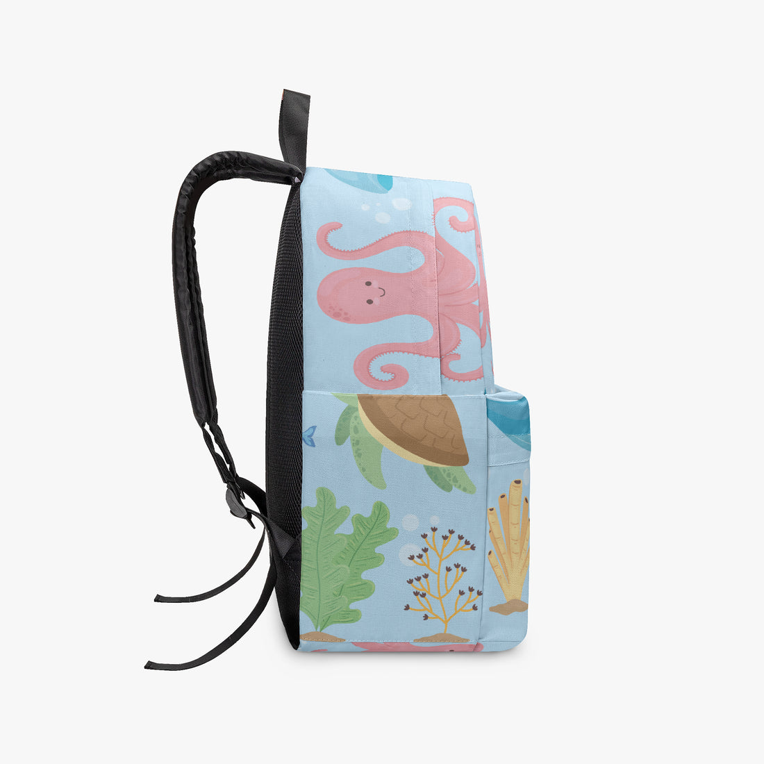 Kids canvas backpack side panel with pink octopus, turtle, and seaweed sea creatures.