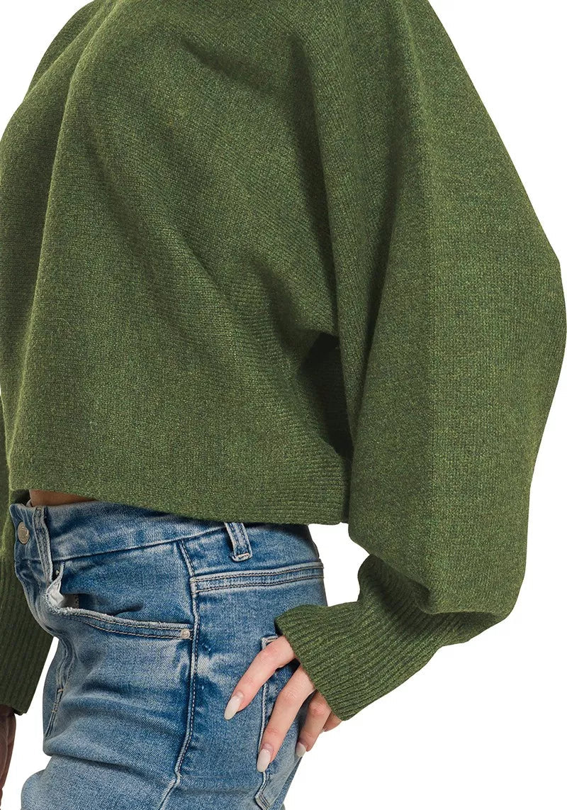 Dark olive sweater sleeve with balloon shape and ribbed cuff detail