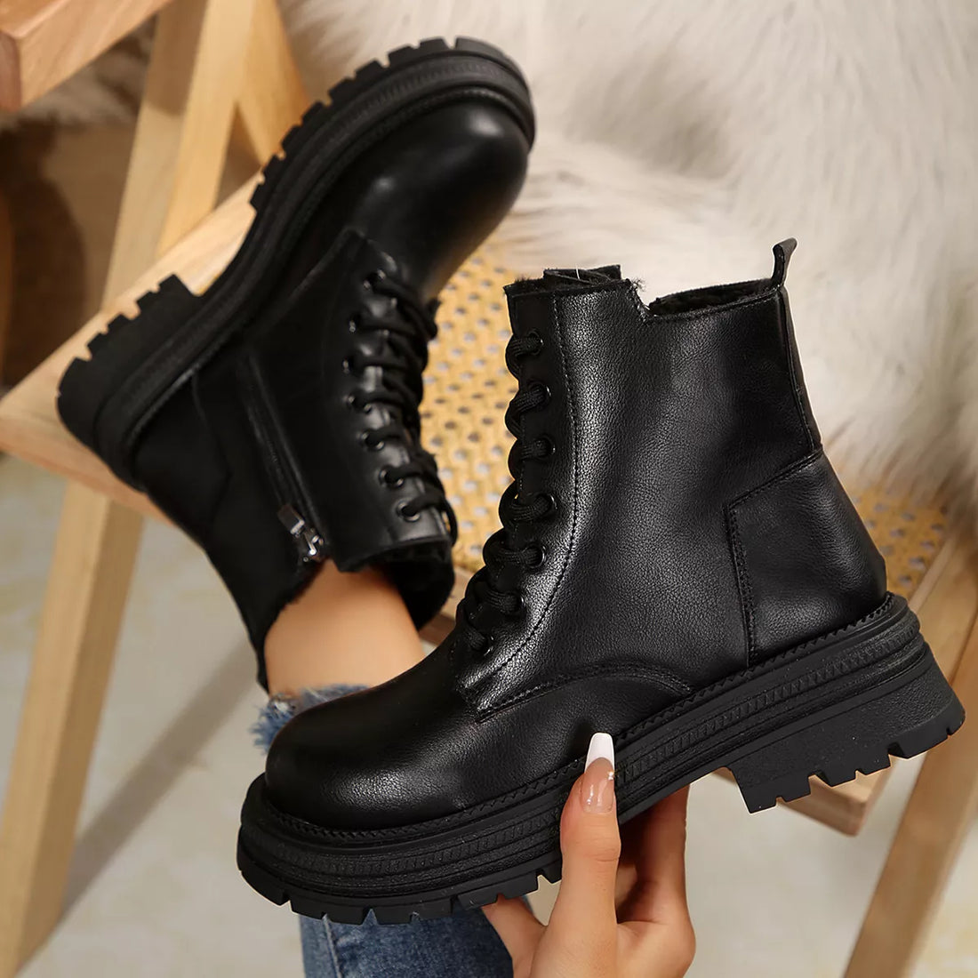 Black lace-up platform round-toe boots with side zip and thick rubber sole