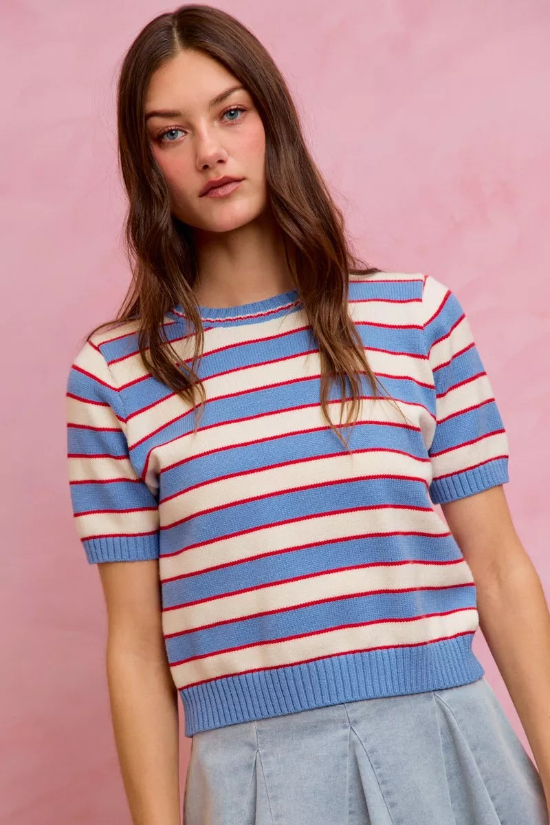 Blue, red and white striped knit crew neck short-sleeve sweater top with ribbed hem