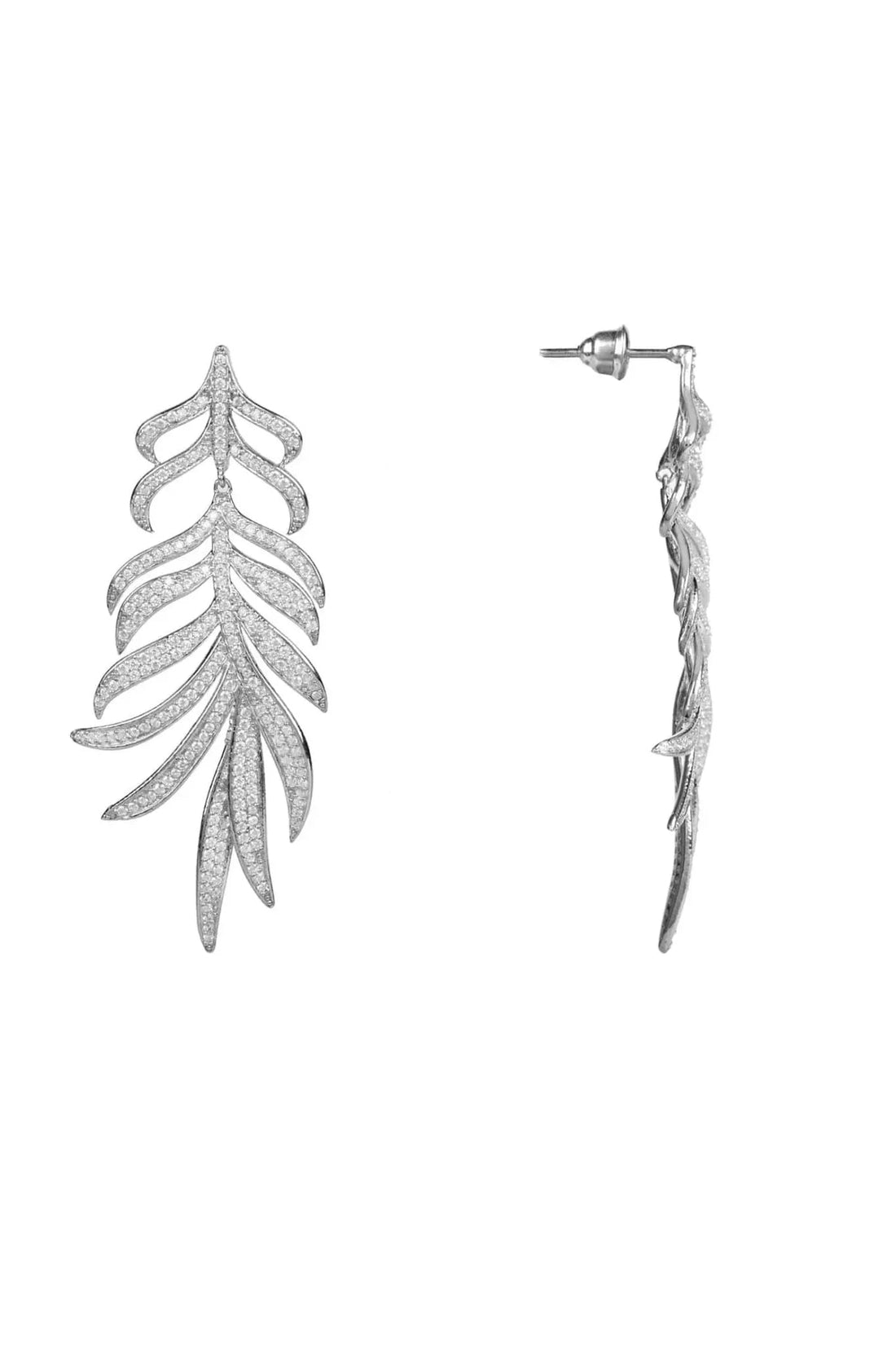 Silver feathered leaf drop earrings with post backs, side view of dangling leaves