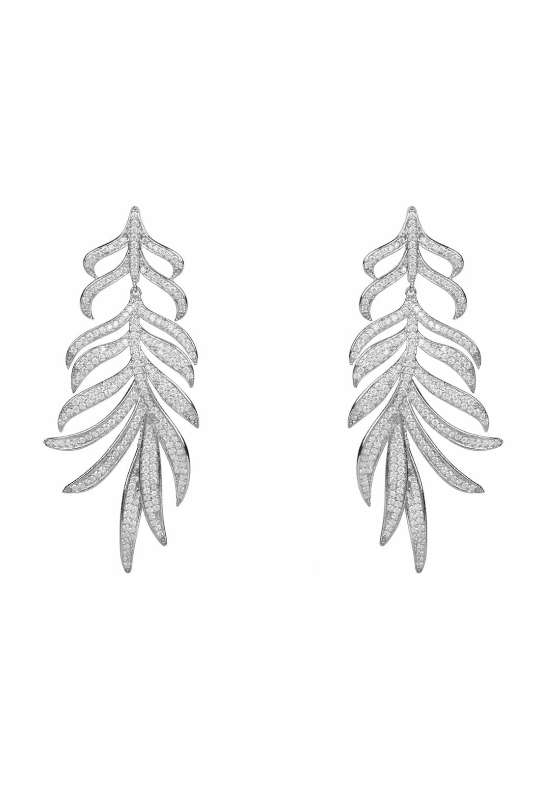 Silver feathered leaf statement drop earrings, dangling pair with glittering texture