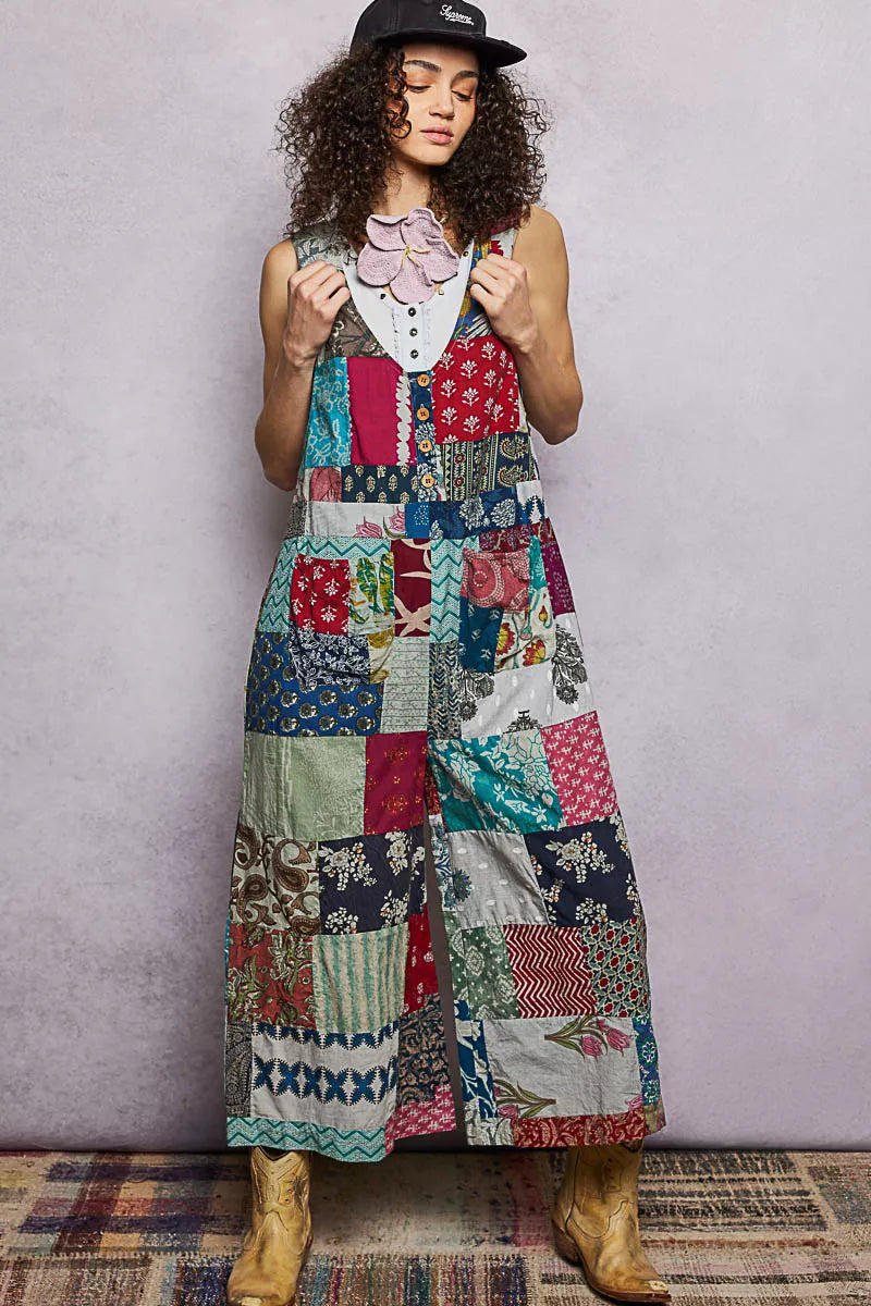 Sleeveless patchwork jumpsuit with multicolor patchwork and wide-leg silhouette