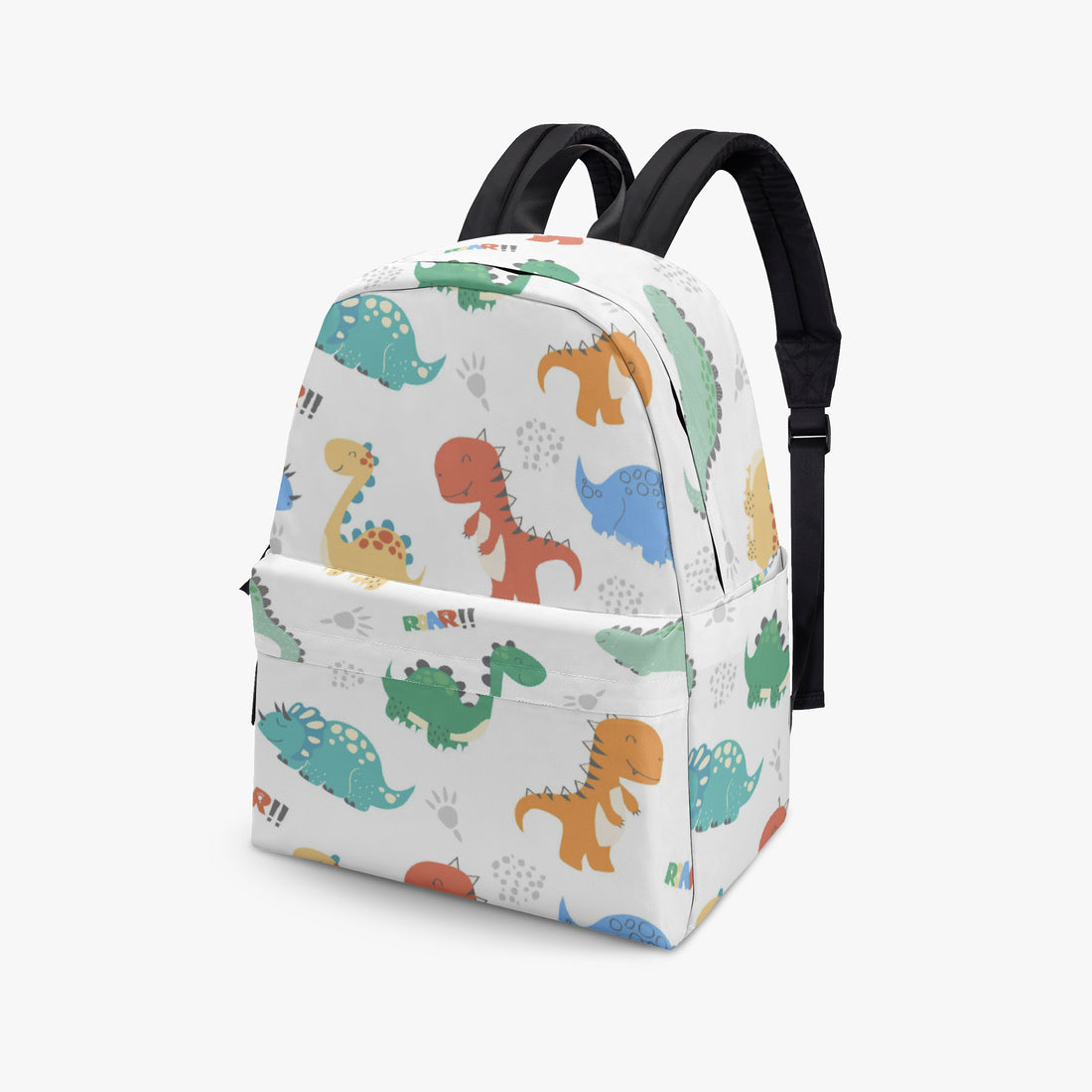 3/4 front view of white canvas dinosaur backpack with black shoulder straps