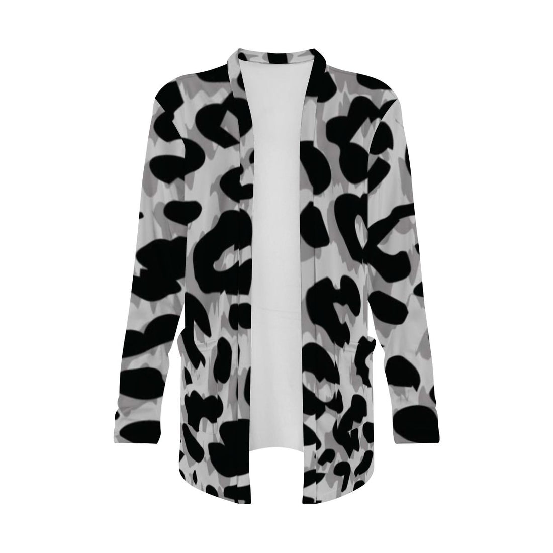 Grey Leopard Print Open-Front Cardigan with Pockets