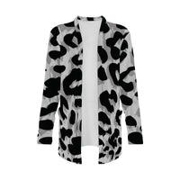 Grey Leopard Print Open-Front Cardigan with Pockets