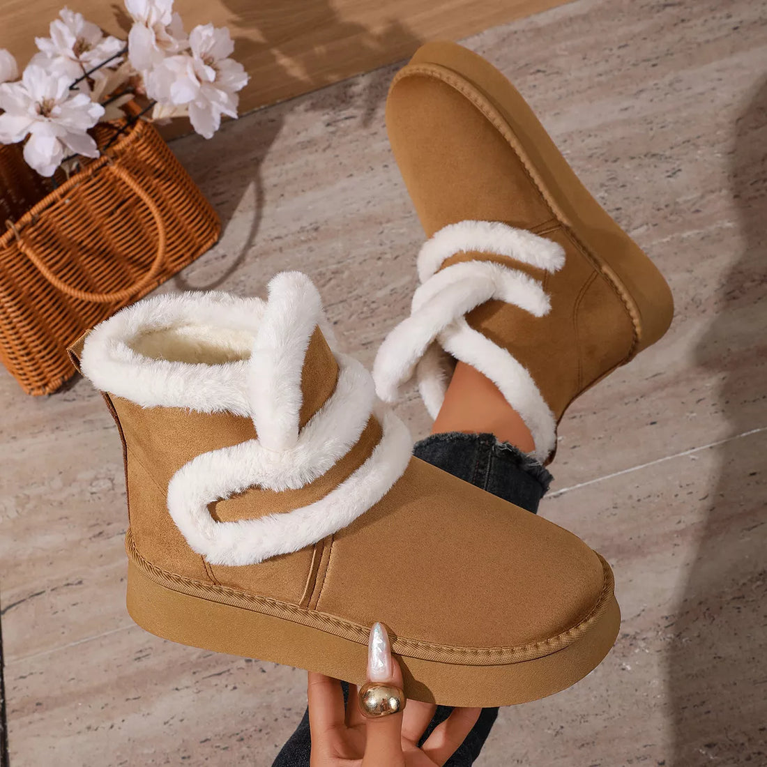 Camel round-toe platform boots with white faux-fur crisscross straps and platform sole