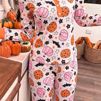 Dusty pink pumpkin-print long-sleeve loungewear set with orange button-front top