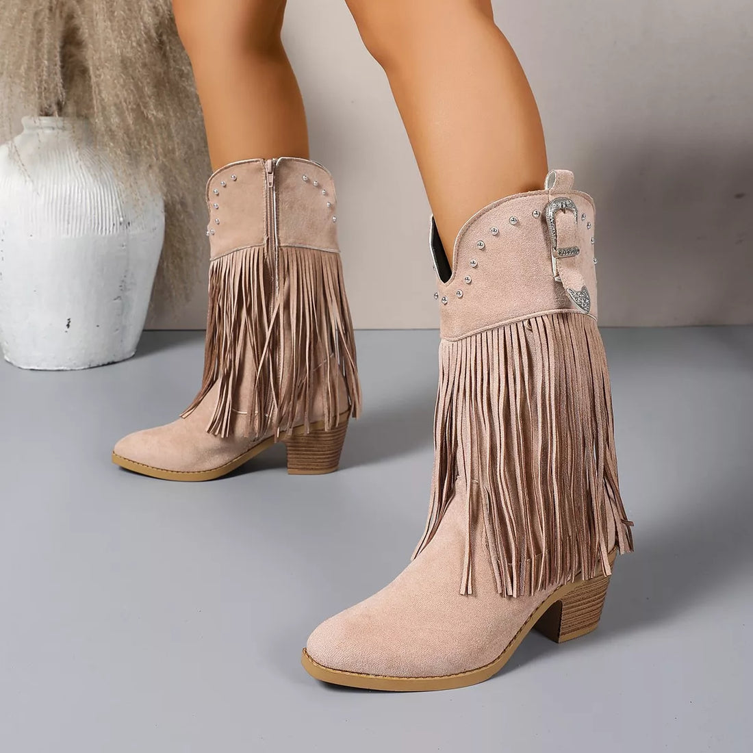 Taupe fringe round-toe block-heel boots with studded cuff and side zipper