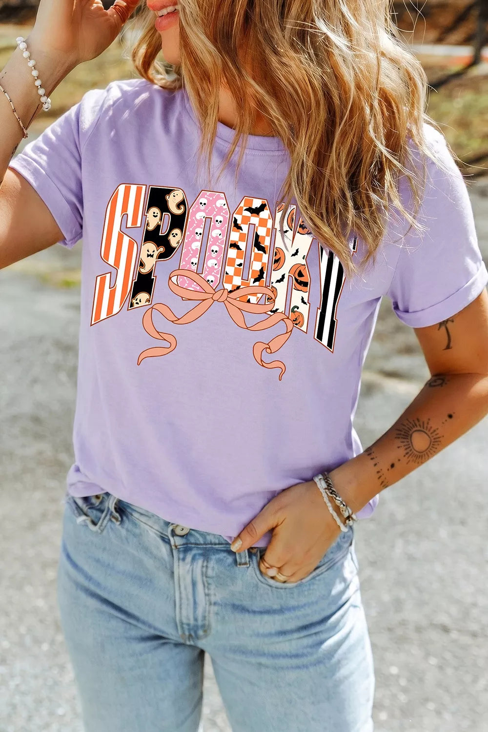 Lavender purple crew-neck T-shirt with front Halloween letter graphic, short sleeves
