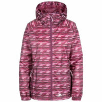Women's hooded raincoat in a pink camouflage stripe pattern with front zip and pockets