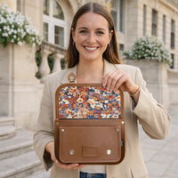 Floral Lined Leather Midi Satchel - Chestnut-1