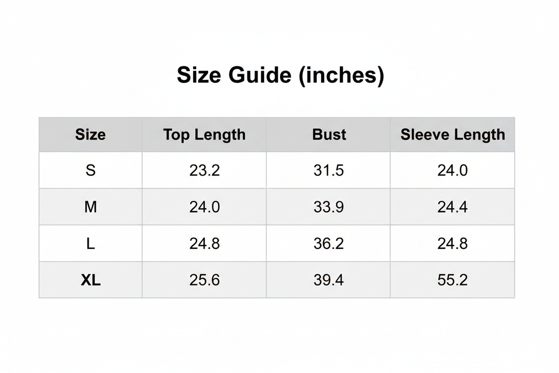 Size guide chart with top length, bust, and sleeve length measurements in inches