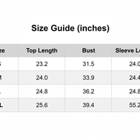 Size guide chart with top length, bust, and sleeve length measurements in inches
