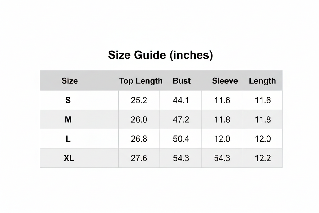 Size guide chart with top length, bust, sleeve, and length measurements in inches