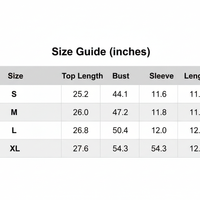 Size guide chart with top length, bust, sleeve, and length measurements in inches