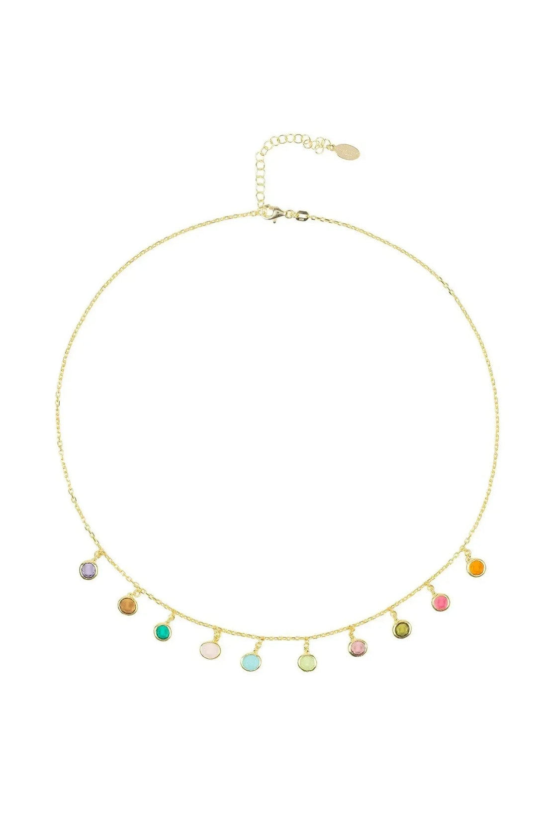 Gold multi-colored gemstone necklace laid flat, round charms on fine chain