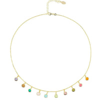 Gold multi-colored gemstone necklace laid flat, round charms on fine chain