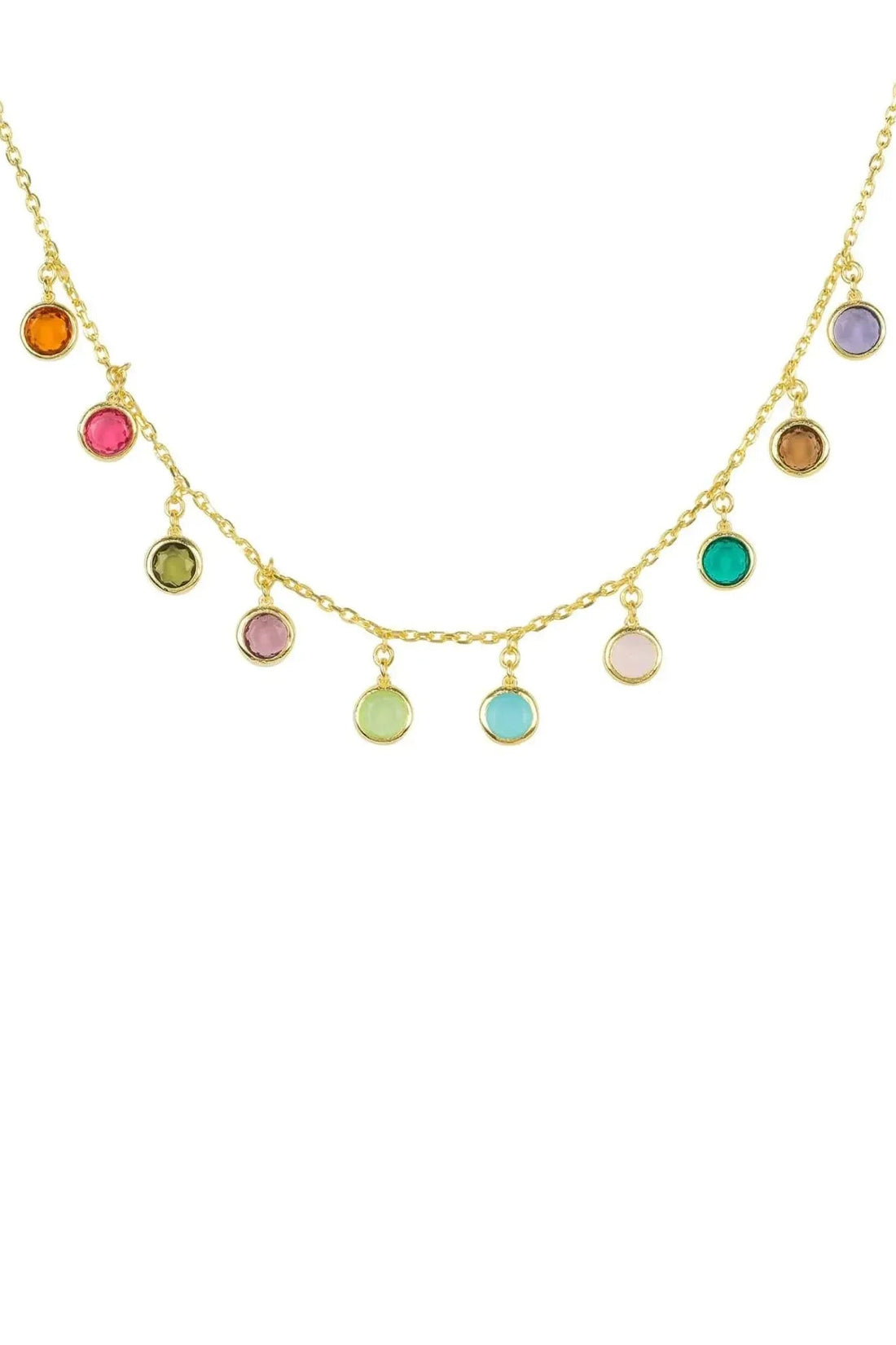 Gold multi-colored gemstone necklace with round colored charms and thin chain