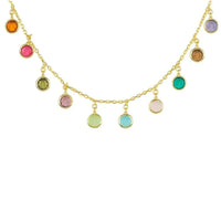 Gold multi-colored gemstone necklace with round colored charms and thin chain