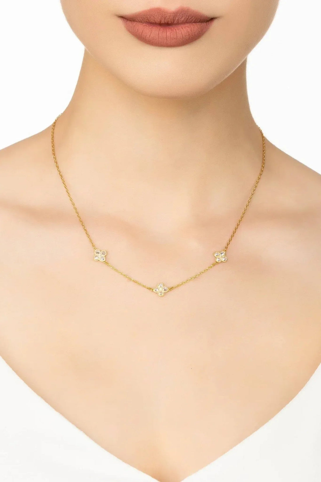 Gold clover flower triple choker necklace with small crystal charms