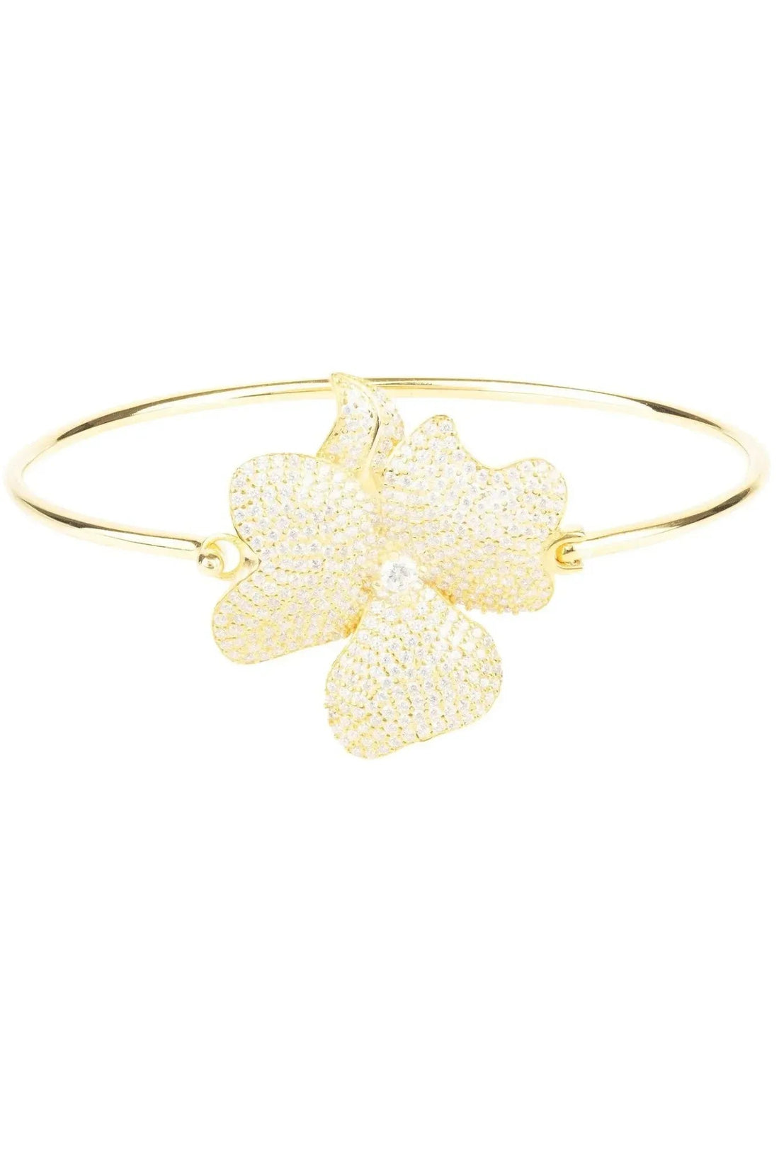 Gold cuff bracelet with large white flower cluster statement