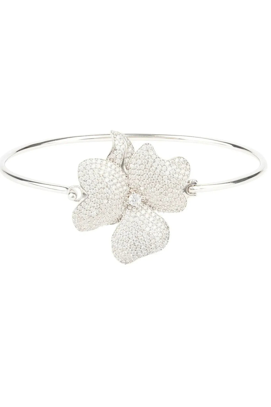 Silver flower cuff bracelet with three-petal charm and sparkle texture