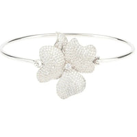 Silver flower cuff bracelet with three-petal charm and sparkle texture