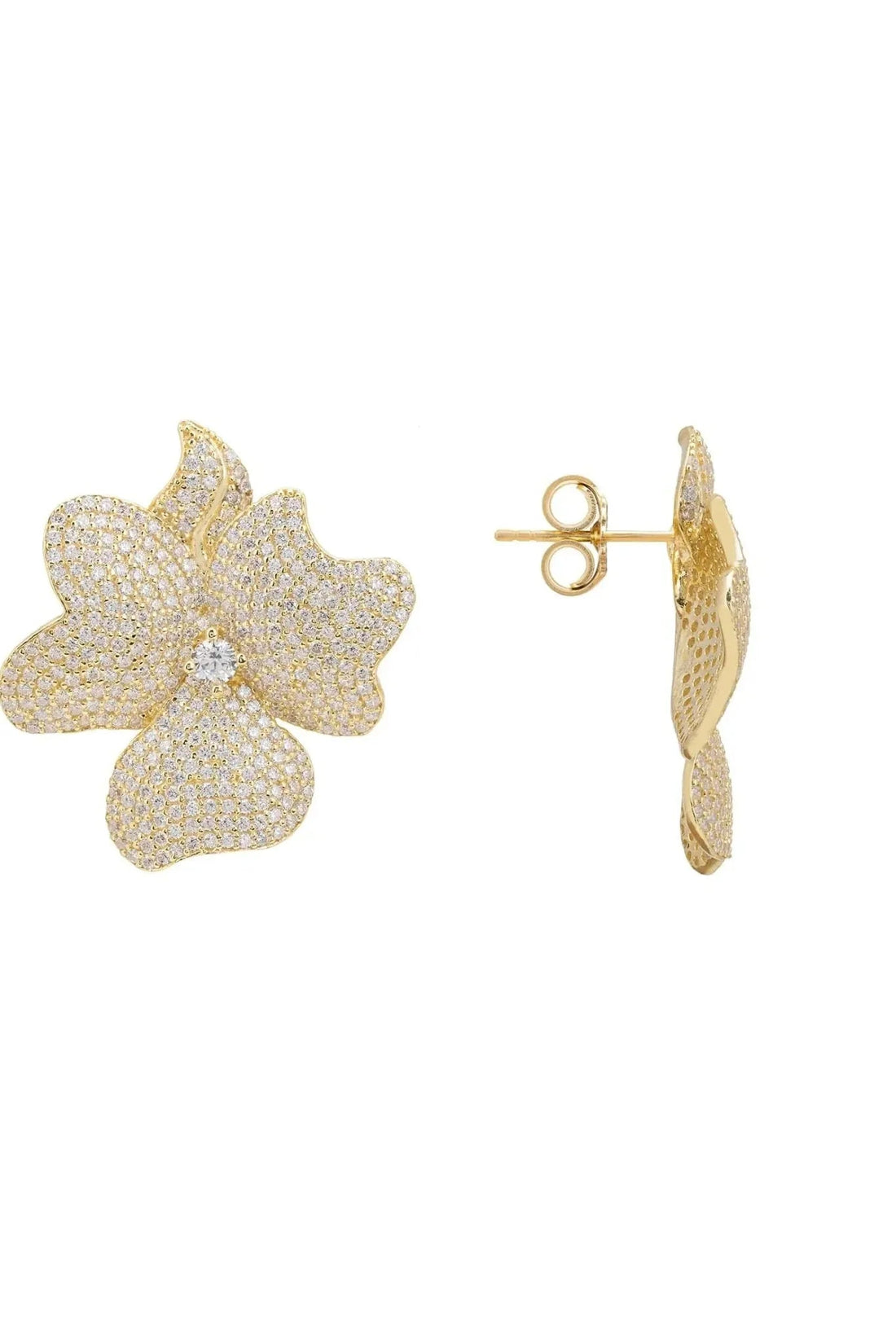 Gold flower stud earrings with visible post and backing clasp