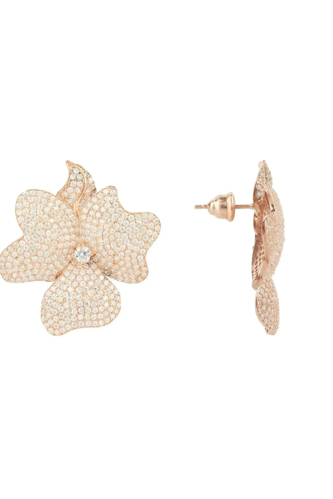 Large flower stud earrings in rose-gold tone, side view with butterfly backing